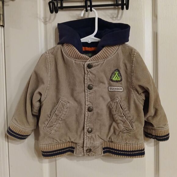 OshKosh B'gosh Other - OshKosh tan corduroy bomber jacket zipper snaps navy hood patch 2T classic basic